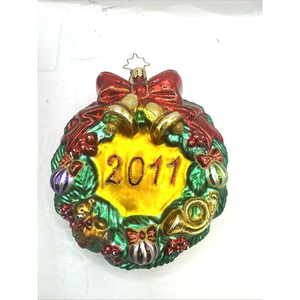Christopher Radko Bells Bow Evergreen Wreath Textured Glass Christmas Ornament